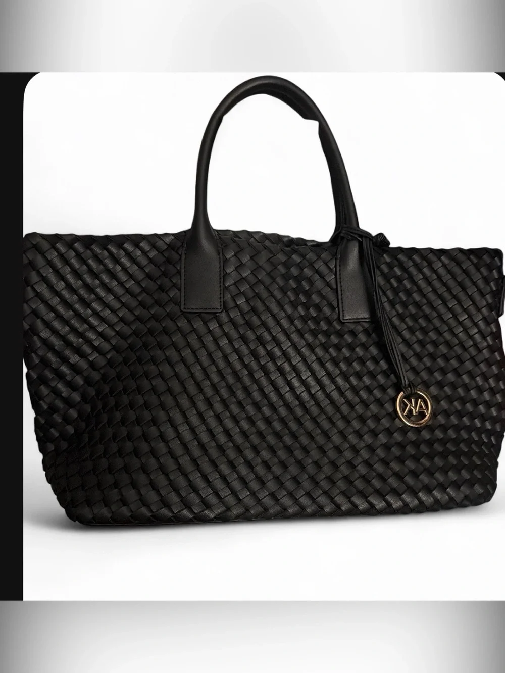 Anne Klein Black Woven Tote with Gold Charm